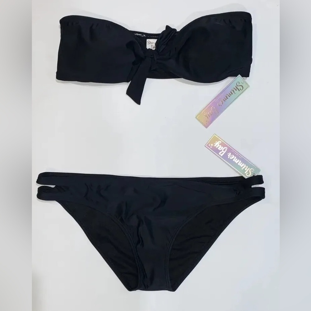 Shimmer Bay Solid Bandeau Pull On strapless Black Bikini Set Sz XL NWT